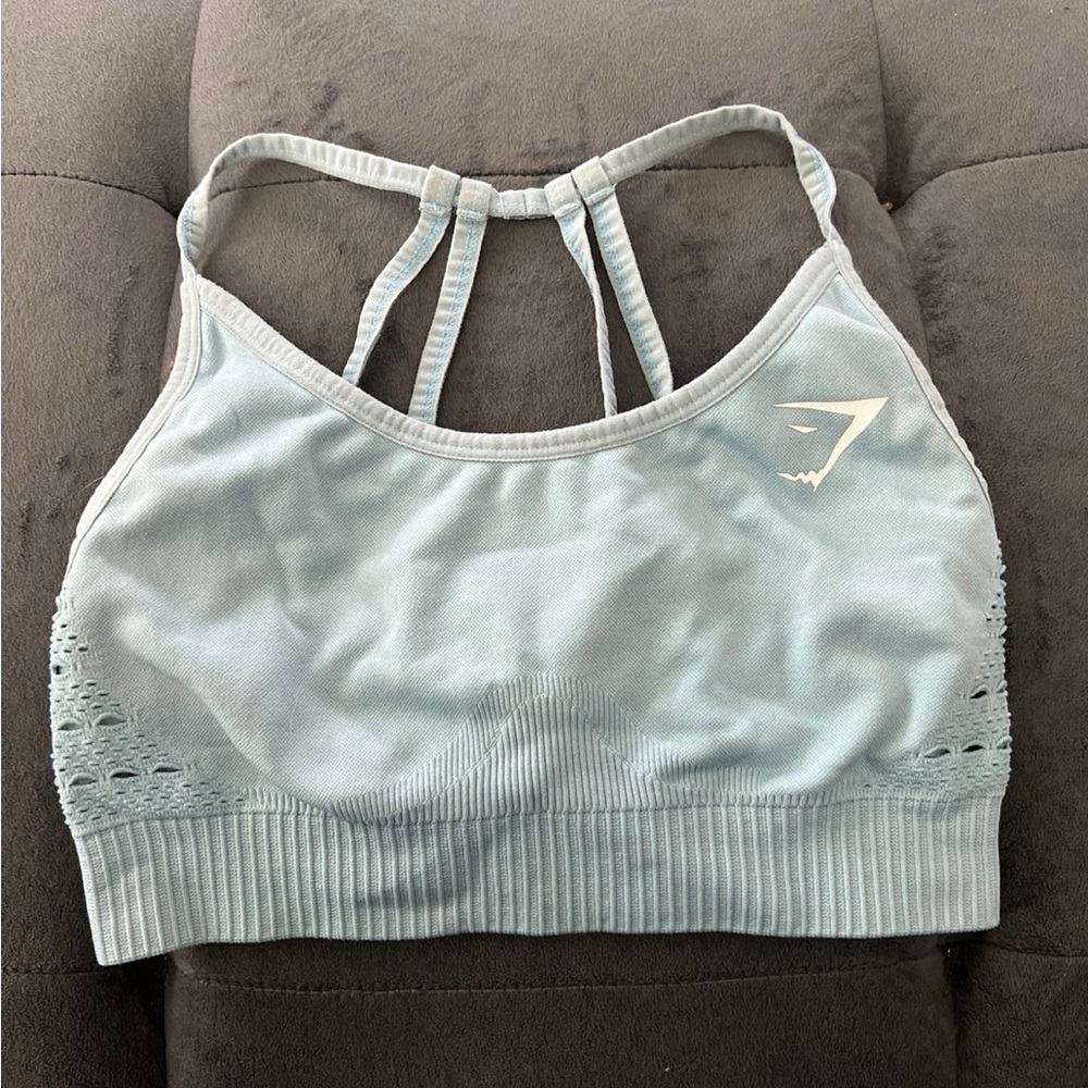 Gymshark Blue Sports Bra with Strappy Back “waterfall” Design